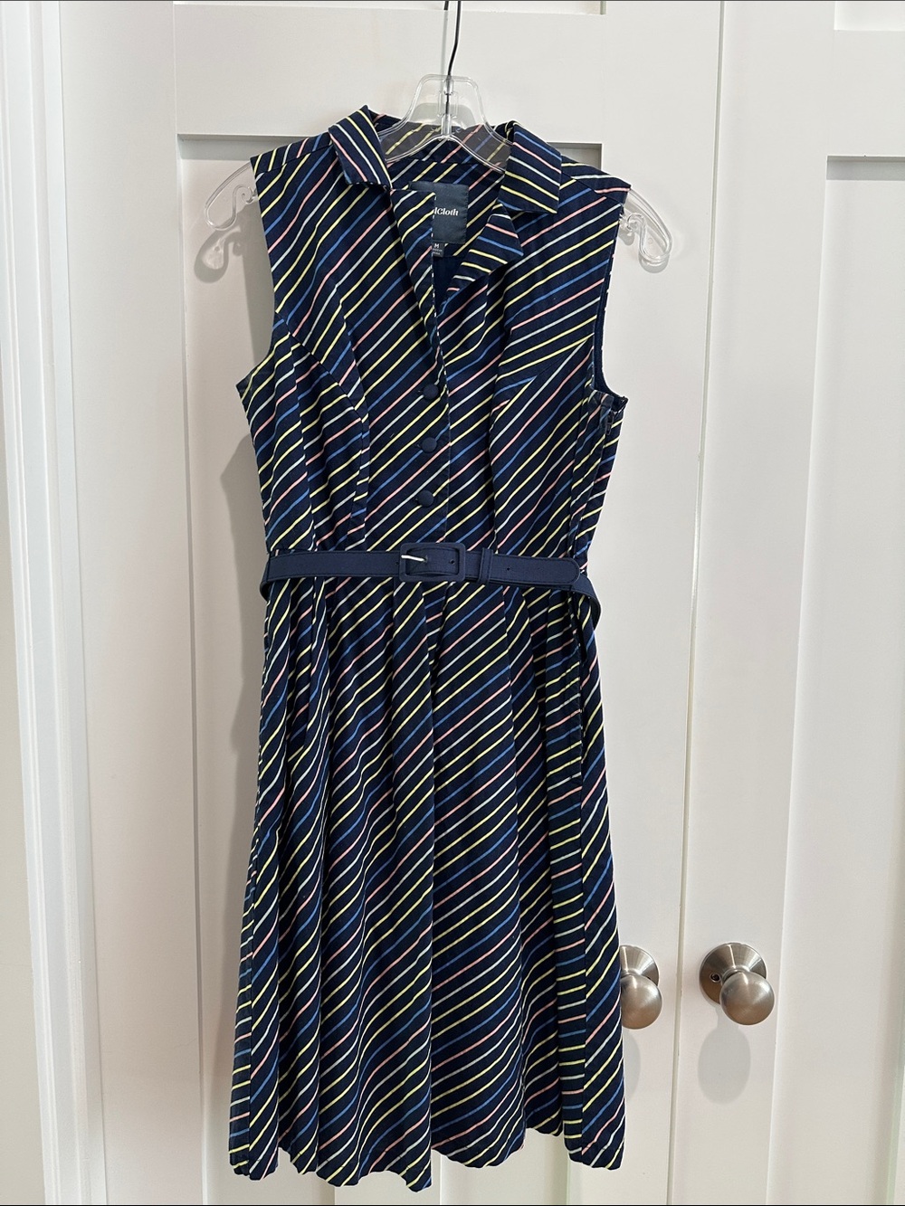 Modcloth Navy Multi-Stripe Sleeveless Belted Midi Dress